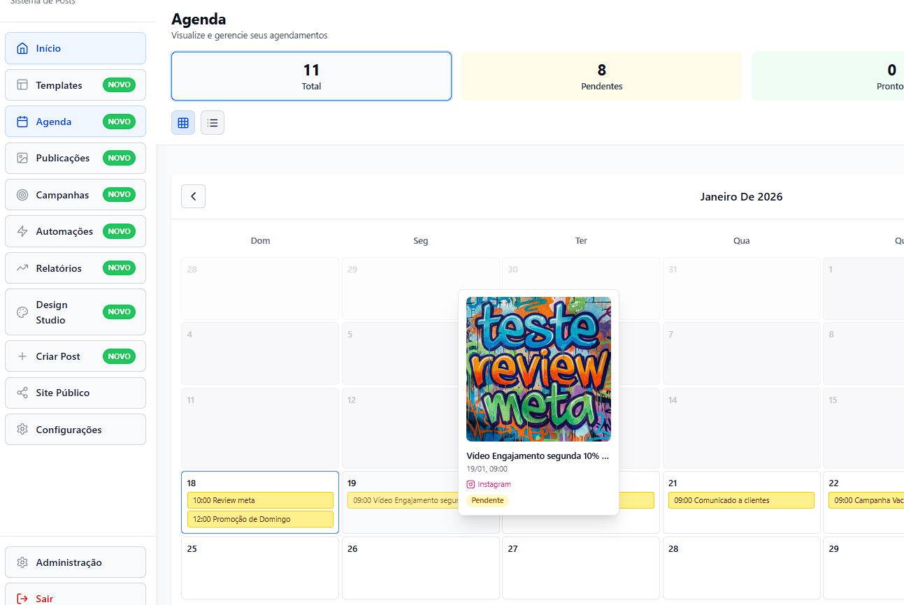 Interface de agendamento de posts no Instagram e Facebook