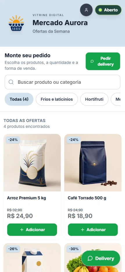 Vitrine digital do Mercado Aurora no celular