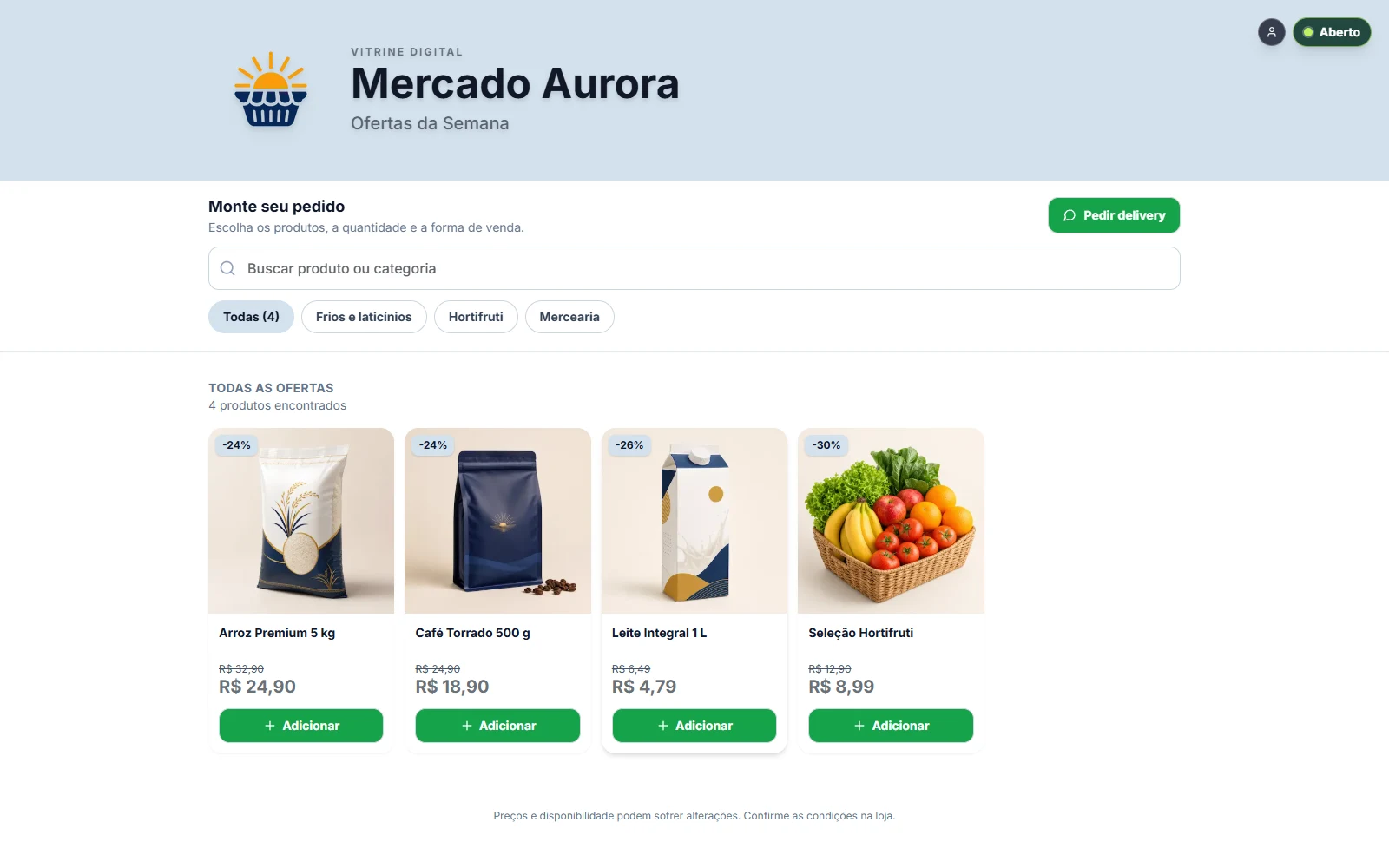Vitrine digital real do Mercado Aurora com ofertas e fotos de produtos